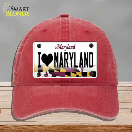 I Love Maryland Novelty License Plate Hat Unconstructed Cotton / Red