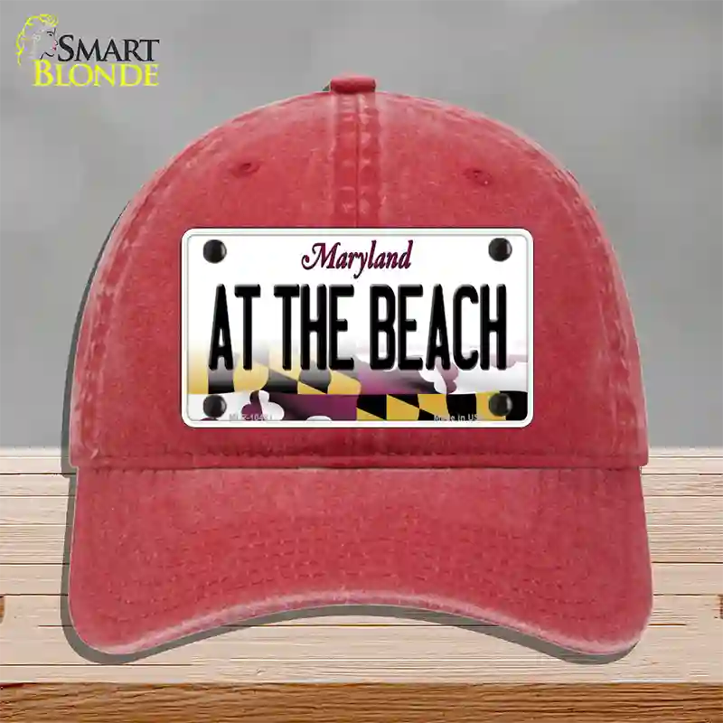 At The Beach Maryland Novelty License Plate Hat Unconstructed Cotton / Red