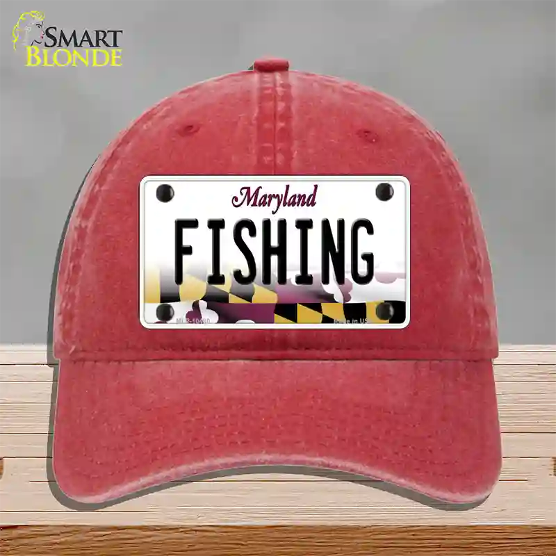 Fishing Maryland Novelty License Plate Hat Unconstructed Cotton / Red