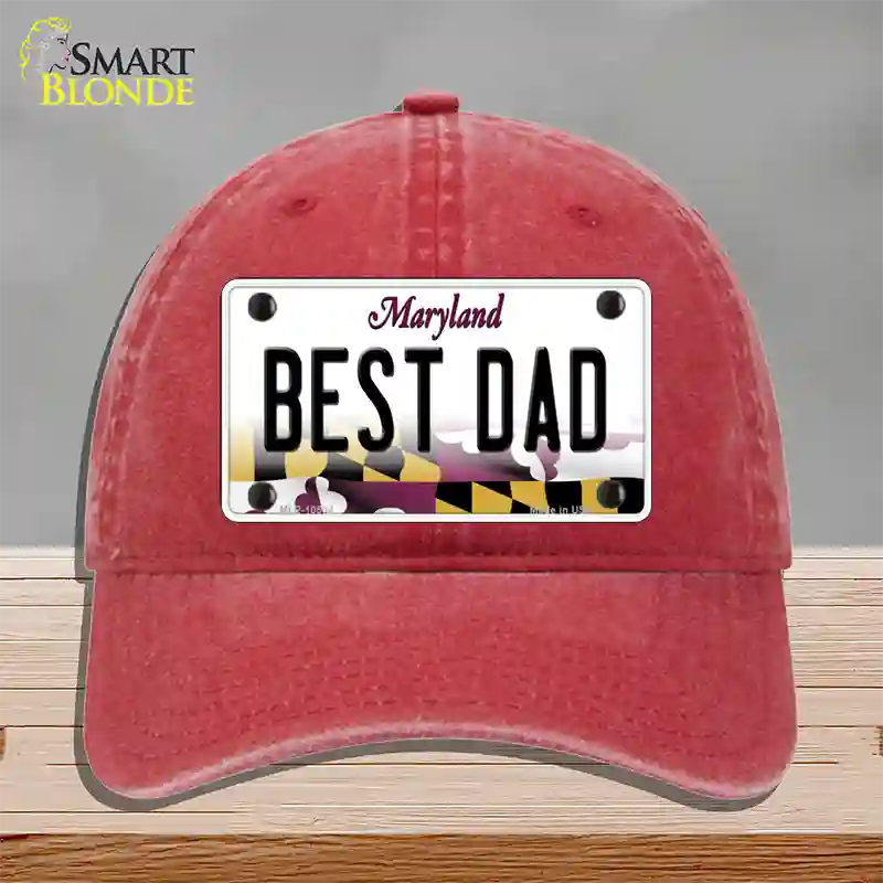 Best Dad Maryland Novelty License Plate Hat Unconstructed Cotton / Red