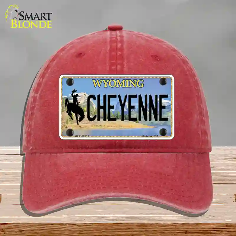 Cheyenne Wyoming Novelty License Plate Hat Unconstructed Cotton / Red