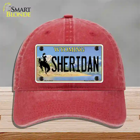 Sheridan Wyoming Novelty License Plate Hat Unconstructed Cotton / Red