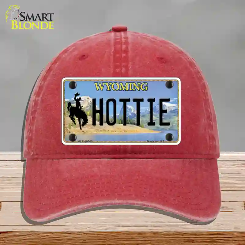 Hottie Wyoming Novelty License Plate Hat Unconstructed Cotton / Red