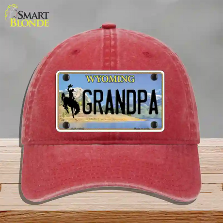 Grandpa Wyoming Novelty License Plate Hat Unconstructed Cotton / Red