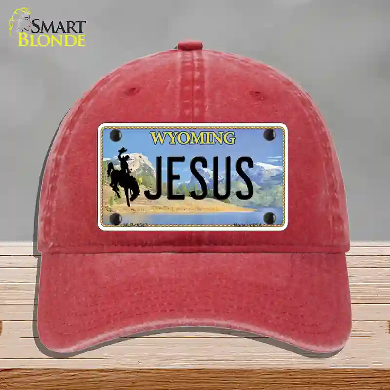 Jesus Wyoming Novelty License Plate Hat Unconstructed Cotton / Red