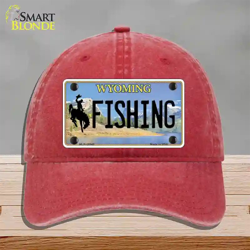 Fishing Wyoming Novelty License Plate Hat Unconstructed Cotton / Red