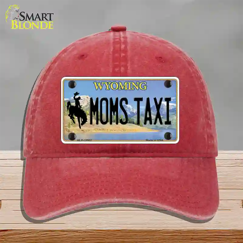 Moms Taxi Wyoming Novelty License Plate Hat Unconstructed Cotton / Red