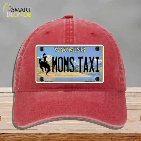 Moms Taxi Wyoming Novelty License Plate Hat Unconstructed Cotton / Red