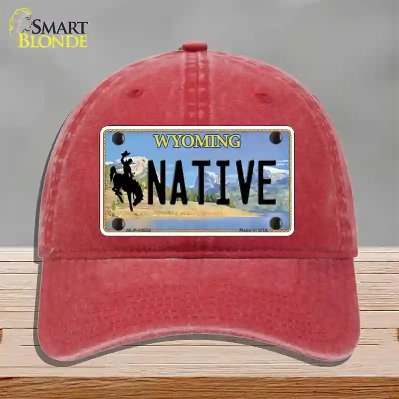 Native Wyoming Novelty License Plate Hat Unconstructed Cotton / Red