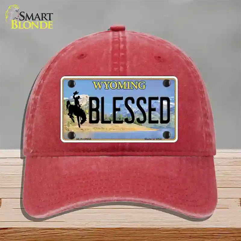 Blessed Wyoming Novelty License Plate Hat Unconstructed Cotton / Red