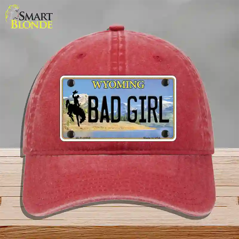 Bad Girl Wyoming Novelty License Plate Hat Unconstructed Cotton / Red