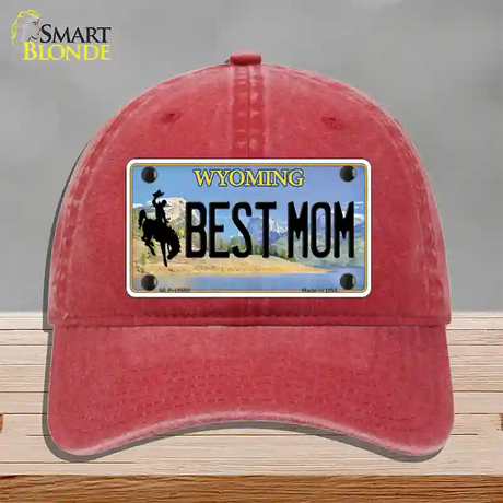 Best Mom Wyoming Novelty License Plate Hat Unconstructed Cotton / Red