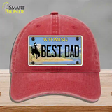 Best Dad Wyoming Novelty License Plate Hat Unconstructed Cotton / Red