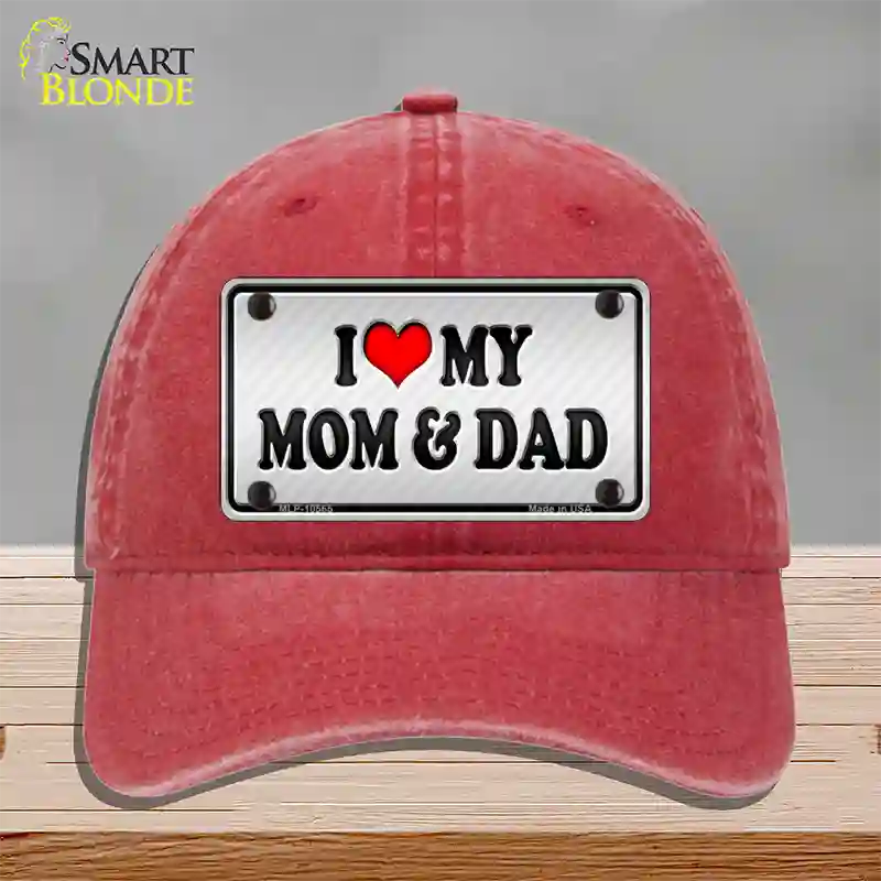 Love My Mom And Dad Novelty License Plate Hat Unconstructed Cotton / Red