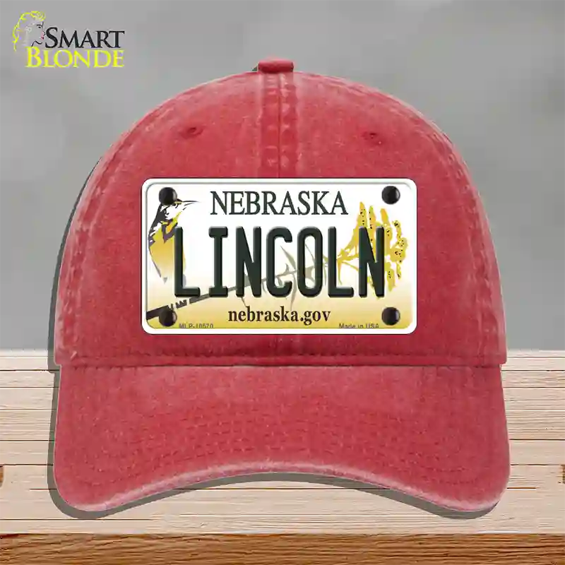 Lincoln Nebraska Novelty License Plate Hat Unconstructed Cotton / Red