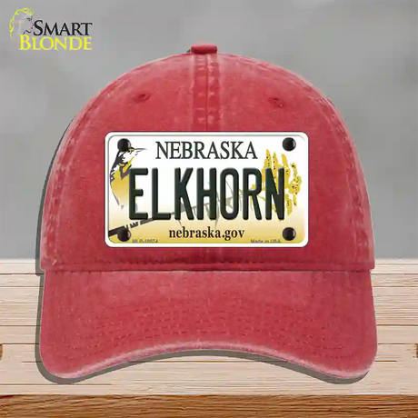 Elkhorn Nebraska Novelty License Plate Hat Unconstructed Cotton / Red