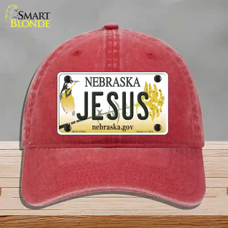 Jesus Nebraska Novelty License Plate Hat Unconstructed Cotton / Red