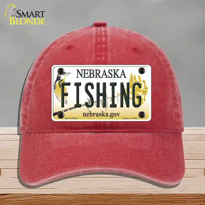 Fishing Nebraska Novelty License Plate Hat Unconstructed Cotton / Red