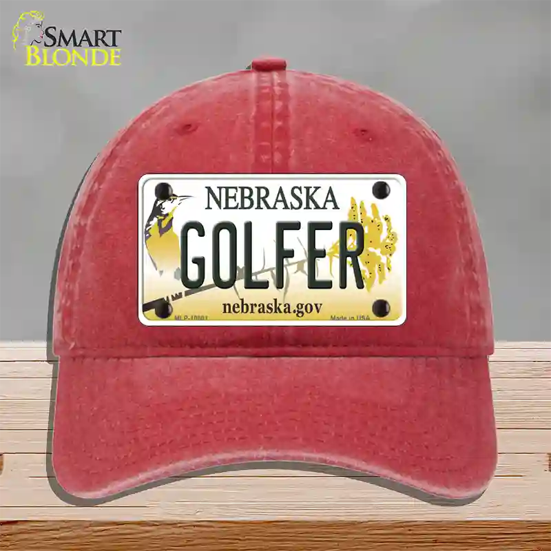 Golfer Nebraska Novelty License Plate Hat Unconstructed Cotton / Red