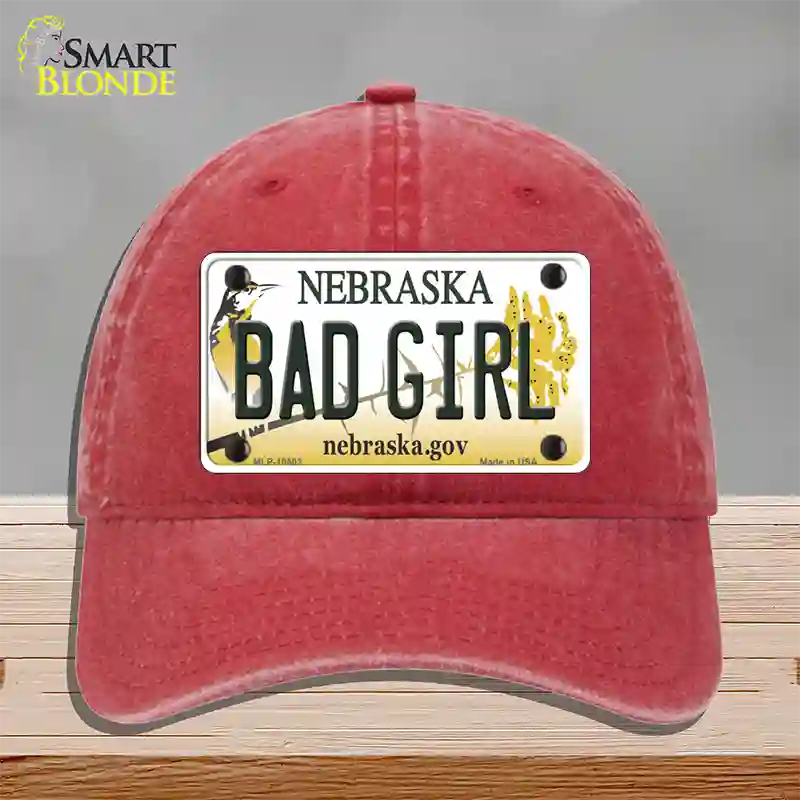 Bad Girl Nebraska Novelty License Plate Hat Unconstructed Cotton / Red