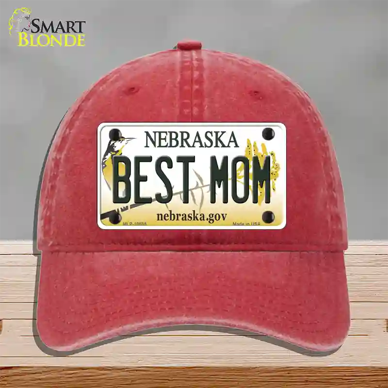 Best Mom Nebraska Novelty License Plate Hat Unconstructed Cotton / Red