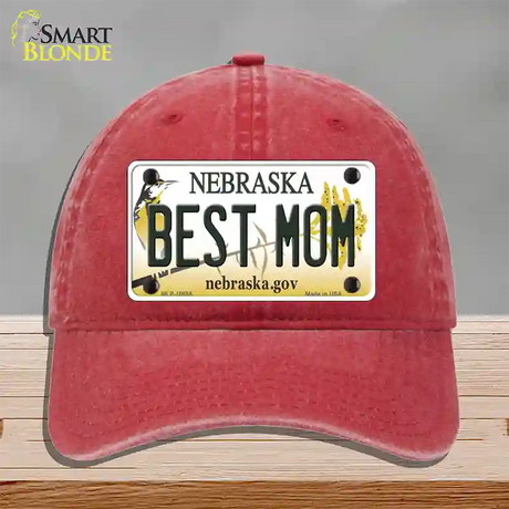 Best Mom Nebraska Novelty License Plate Hat Unconstructed Cotton / Red