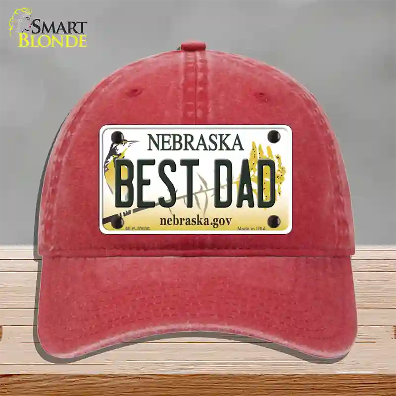 Best Dad Nebraska Novelty License Plate Hat Unconstructed Cotton / Red