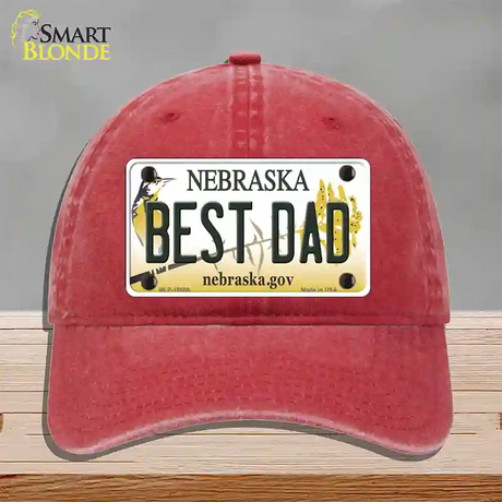 Best Dad Nebraska Novelty License Plate Hat Unconstructed Cotton / Red