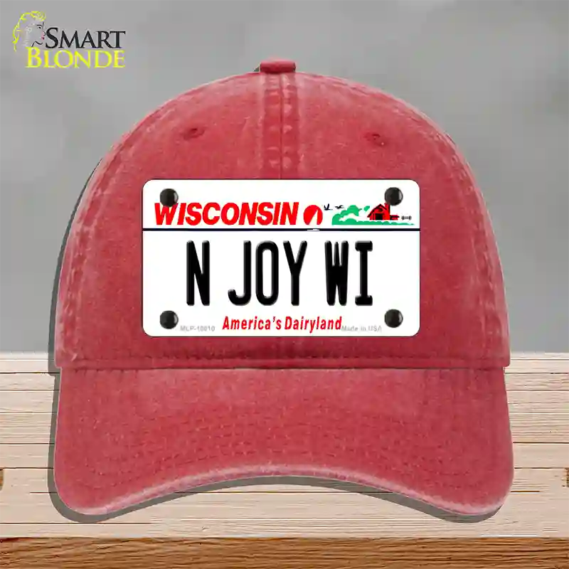 N Joy WI Wisconsin Novelty License Plate Hat Unconstructed Cotton / Red