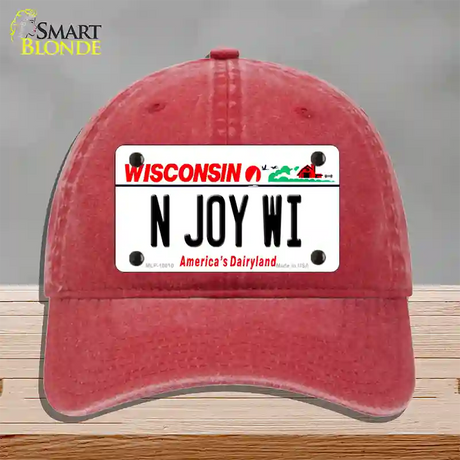 N Joy WI Wisconsin Novelty License Plate Hat Unconstructed Cotton / Red