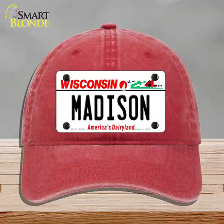 Madison Wisconsin Novelty License Plate Hat Unconstructed Cotton / Red