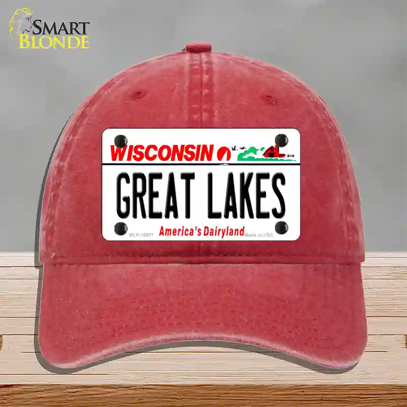 Great Lakes Wisconsin Novelty License Plate Hat Unconstructed Cotton / Red