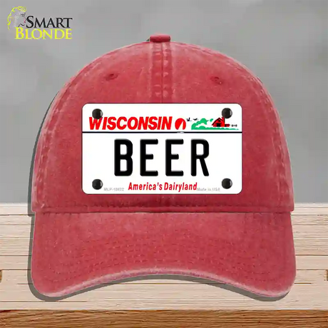 Beer Wisconsin Novelty License Plate Hat Unconstructed Cotton / Red