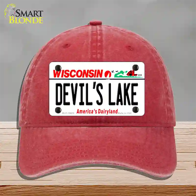 Devils Lake Wisconsin Novelty License Plate Hat Unconstructed Cotton / Red