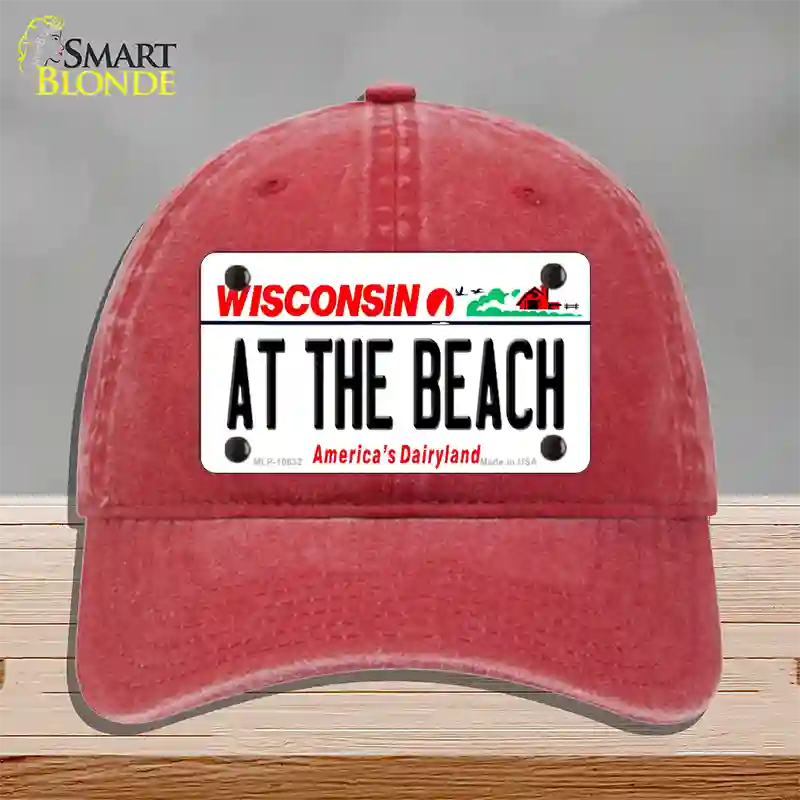 At The Beach Wisconsin Novelty License Plate Hat Unconstructed Cotton / Red