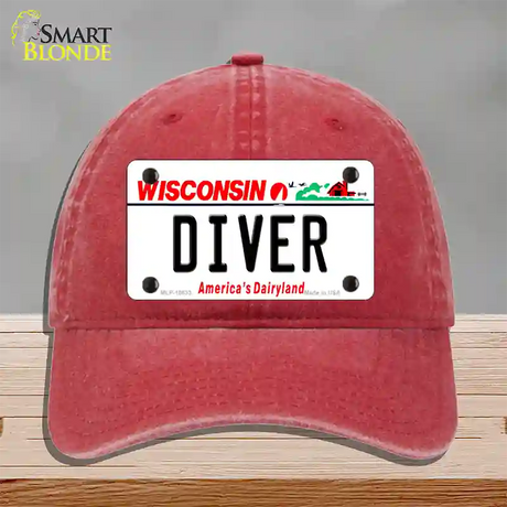 Diver Wisconsin Novelty License Plate Hat Unconstructed Cotton / Red