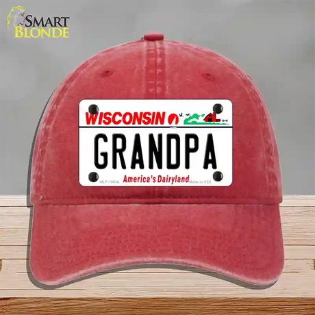 Grandpa Wisconsin Novelty License Plate Hat Unconstructed Cotton / Red