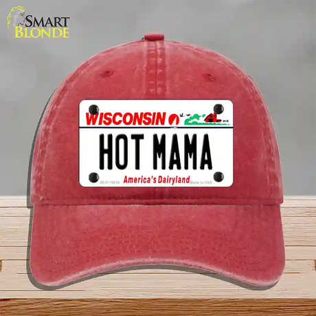 Hot Mama Wisconsin Novelty License Plate Hat Unconstructed Cotton / Red