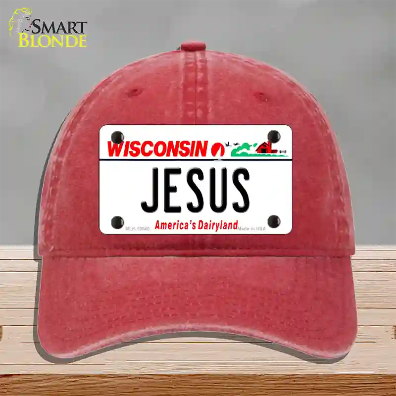 Jesus Wisconsin Novelty License Plate Hat Unconstructed Cotton / Red