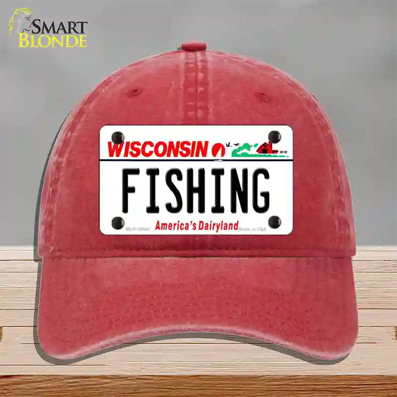 Fishing Wisconsin Novelty License Plate Hat Unconstructed Cotton / Red