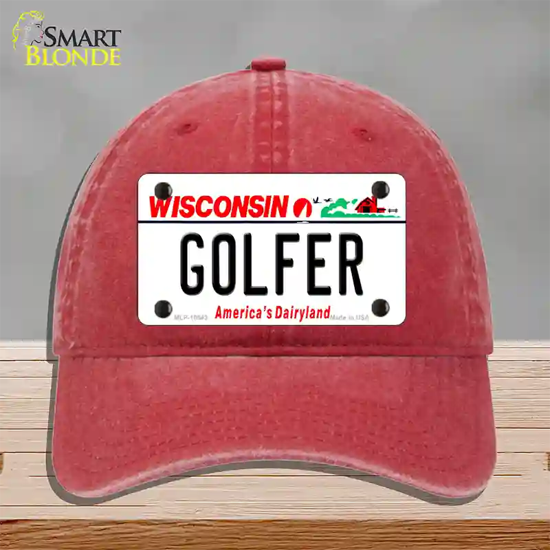 Golfer Wisconsin Novelty License Plate Hat Unconstructed Cotton / Red