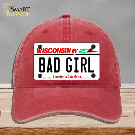 Bad Girl Wisconsin Novelty License Plate Hat Unconstructed Cotton / Red