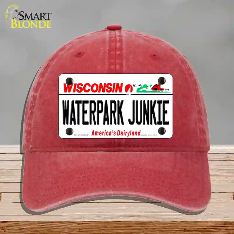 Waterpark Junkie Wisconsin Novelty License Plate Hat Unconstructed Cotton / Red