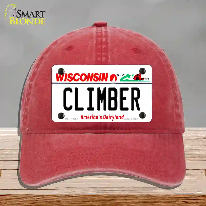 Climber Wisconsin Novelty License Plate Hat Unconstructed Cotton / Red