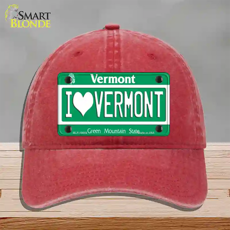 I Love Vermont Novelty License Plate Hat Unconstructed Cotton / Red