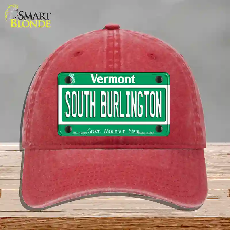 South Burlington Vermont Novelty License Plate Hat Unconstructed Cotton / Red