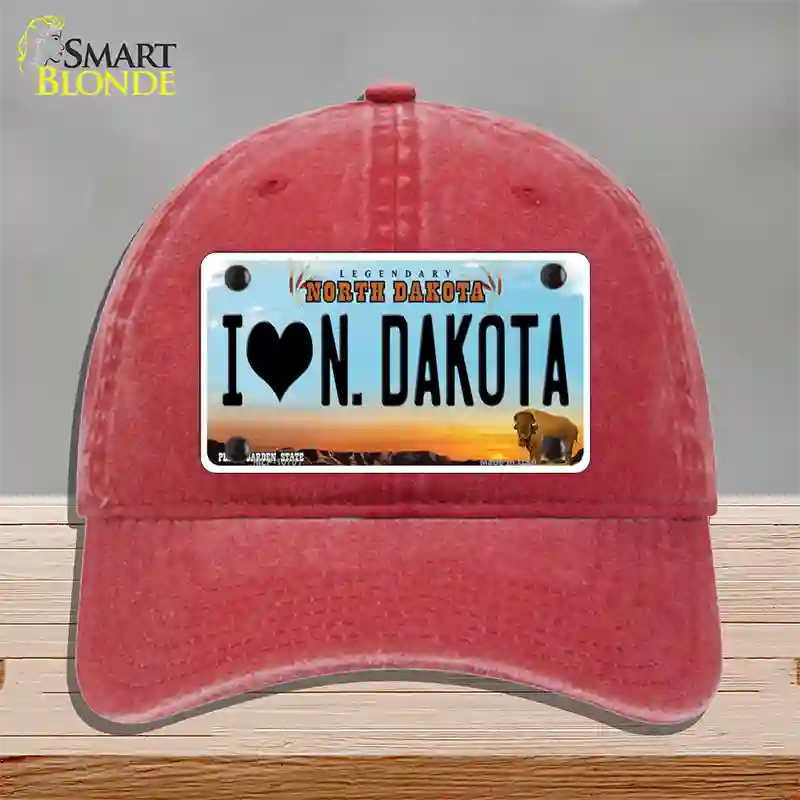 I Love North Dakota Novelty License Plate Hat Unconstructed Cotton / Red