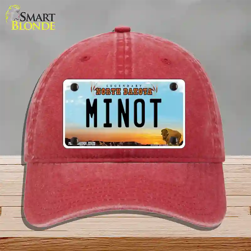 Minot North Dakota Novelty License Plate Hat Unconstructed Cotton / Red