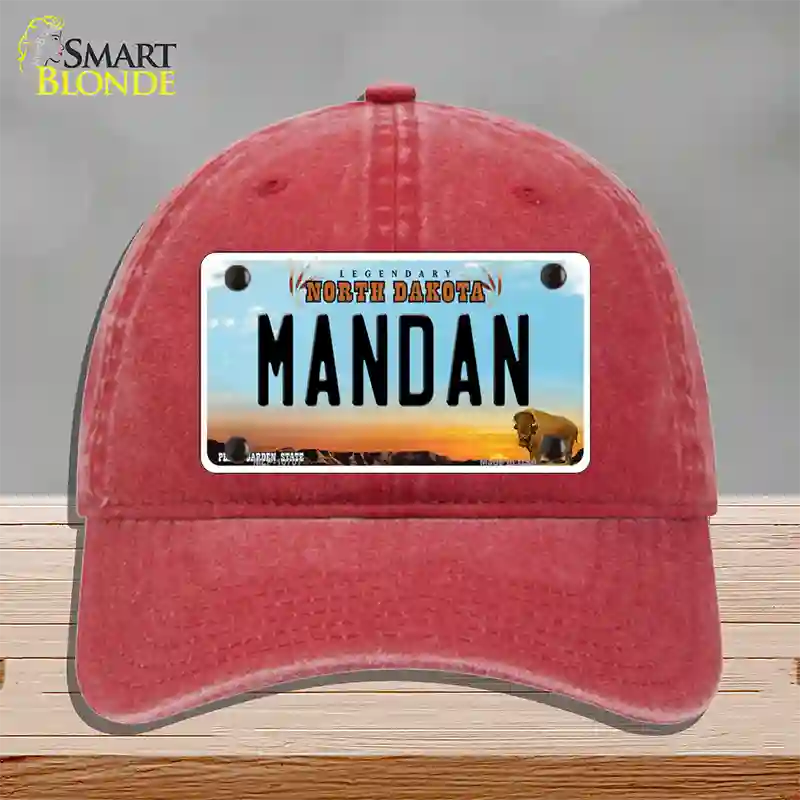 Mandan North Dakota Novelty License Plate Hat Unconstructed Cotton / Red