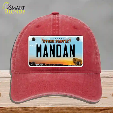 Mandan North Dakota Novelty License Plate Hat Unconstructed Cotton / Red